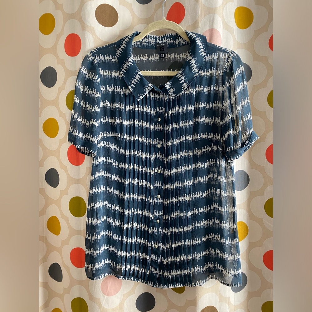 Orla Kiely Dancing Girls Silk Pleated Button Down Shirt Blouse